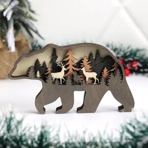 Wooden Bear Silhouette with Forest Scene